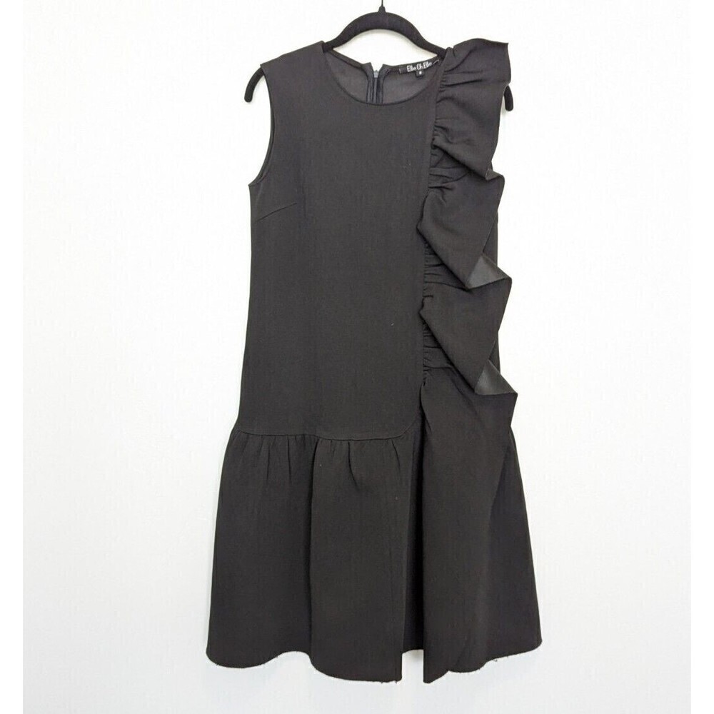 Elle Oh Elle Ruffle Dress Womens Size S Black Shift Knee Length Academia